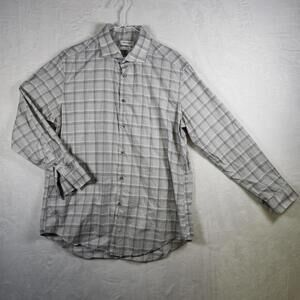 Calvin Klein White Plaid Long Sleeve Button Up Shirt Slim Fit Stretch Size Large